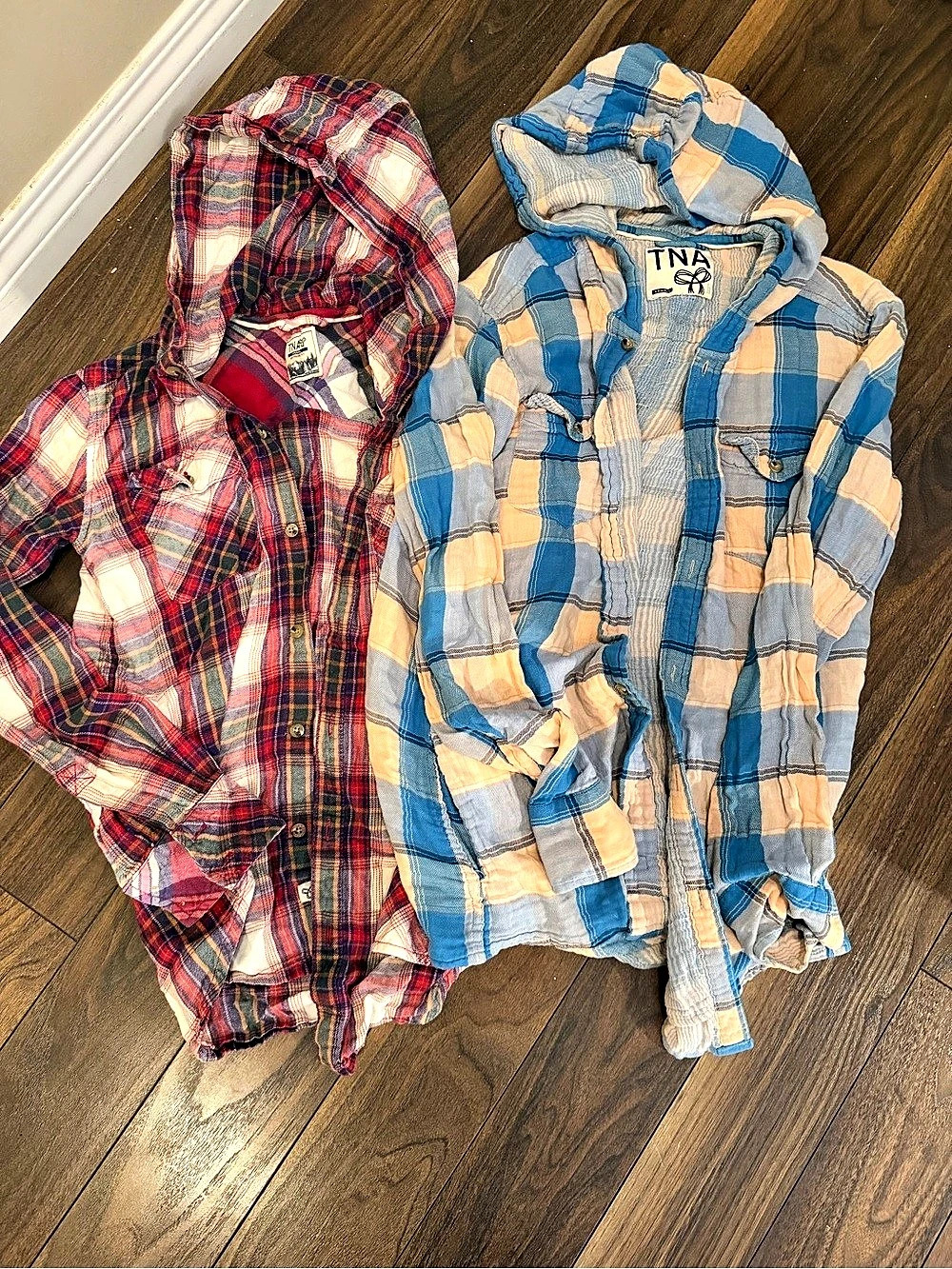 TNA Hooded Flannel Shirt, Blue & Red Plaid